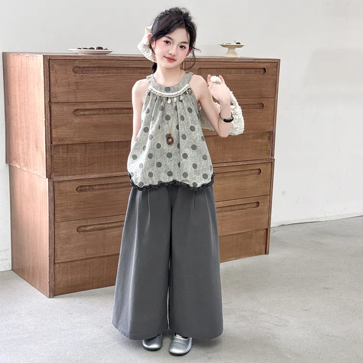 女童夏季无袖挂脖上衣棉布裤套装大童女孩民族风夏日阔腿裤两件套