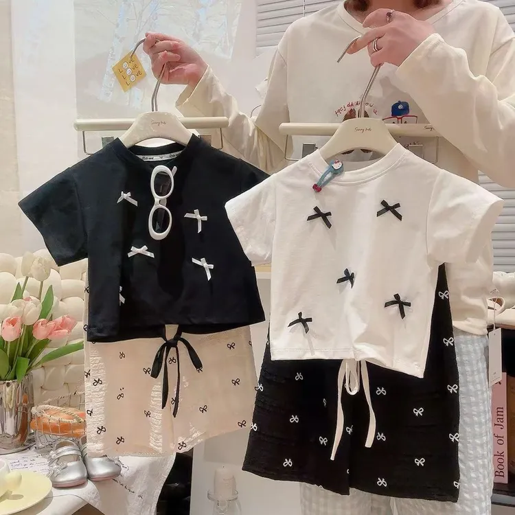 韩版童装短袖T恤夏装25新款洋气女童蝴蝶结圆领半袖直筒裤两件套