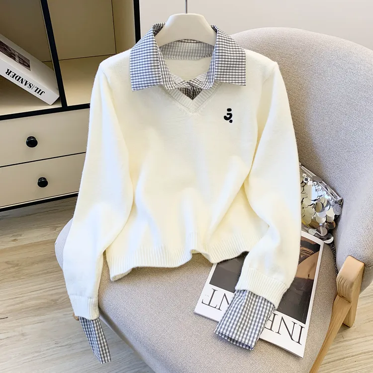 时尚慵懒风毛衣女2025秋冬宽松百搭高级感假两件拼接格子针织上衣