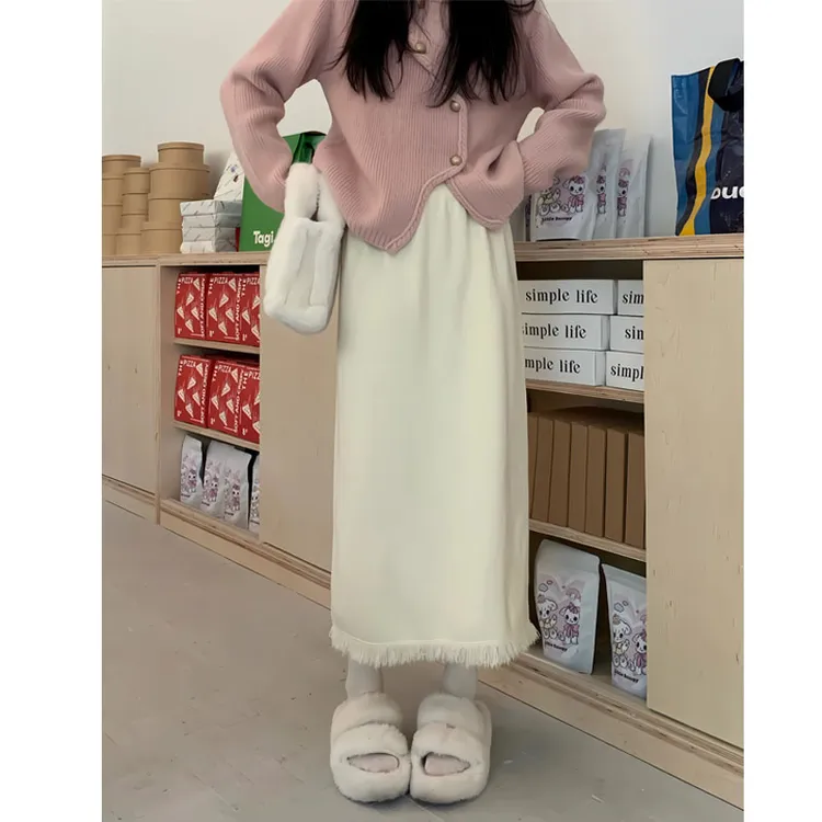 爆款流苏针织半身裙女秋冬加厚保暖中长款a字裙开叉毛线包臀长裙