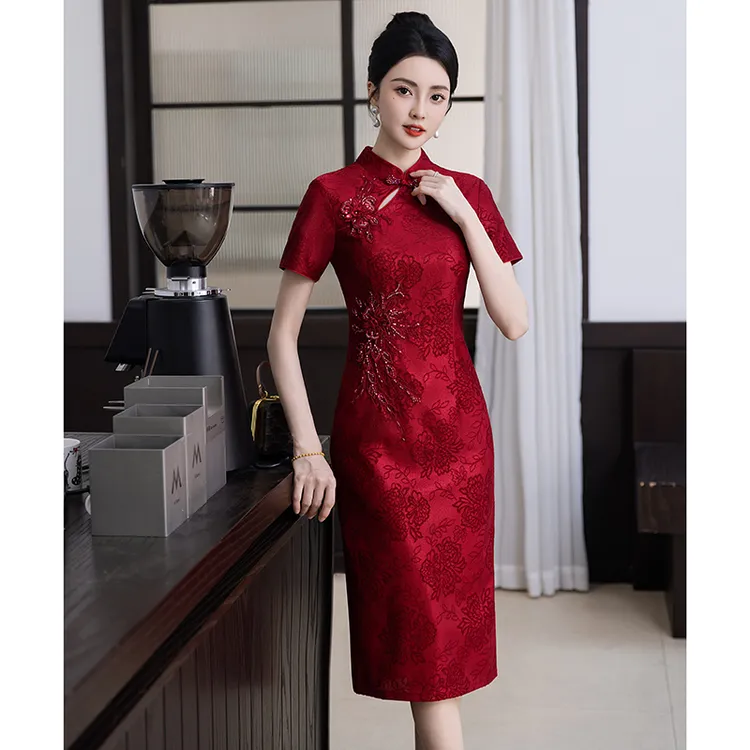 中式立领短袖夏季旗袍喜服妈妈装喜婆婆婚礼优雅气质修身大码日常