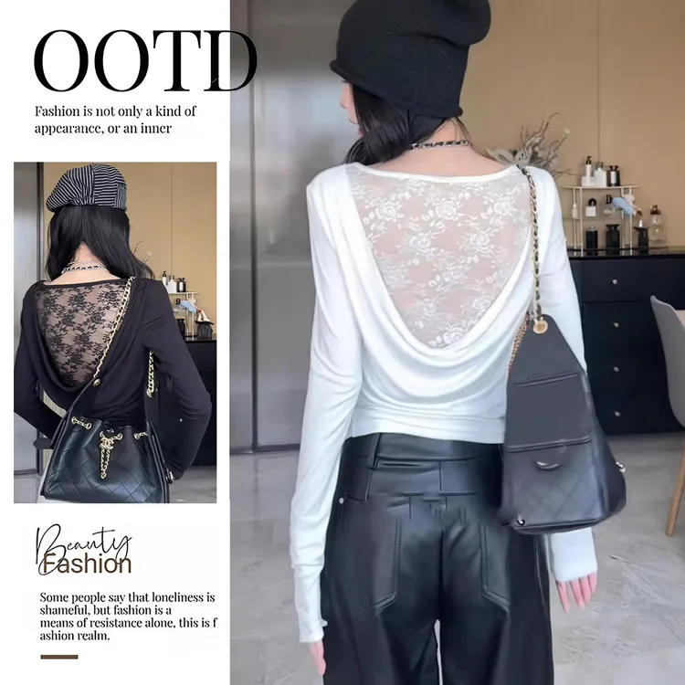巨好看的后背镂空蕾丝拼接长袖t恤女早秋季独特漂亮短款辣妹上衣
