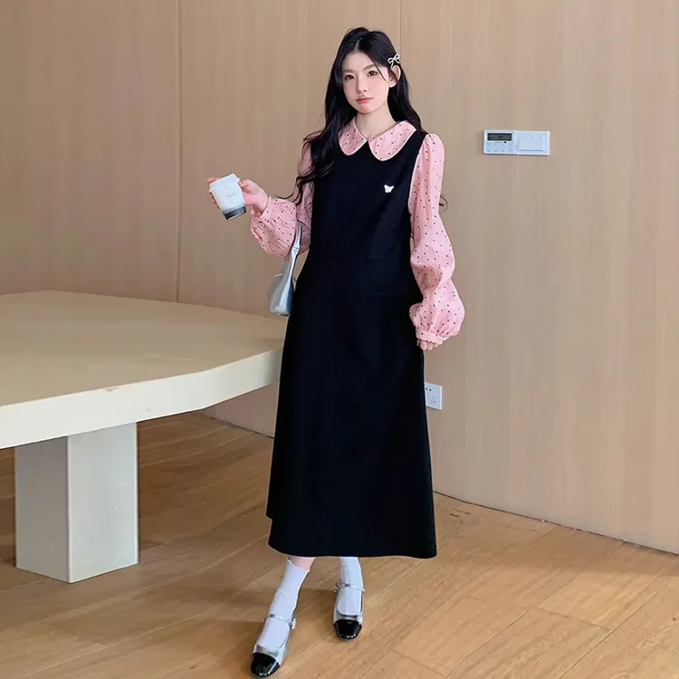 孕妇装春秋2025新款时尚宽松甜美小个子波点气质显瘦假两件连衣裙