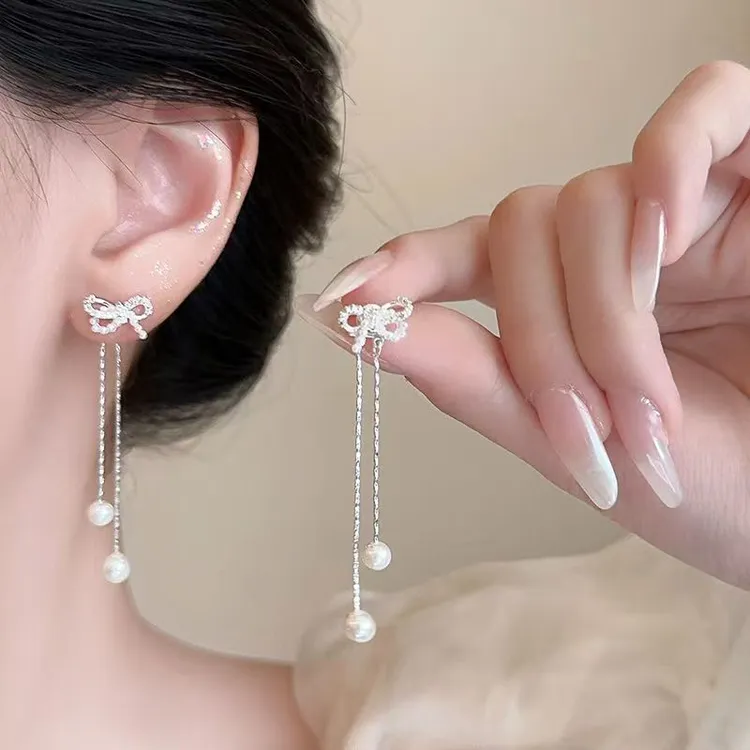 合金耳饰 前后两戴蝴蝶结珠珠流苏耳钉女耳环甜美气质百搭耳饰