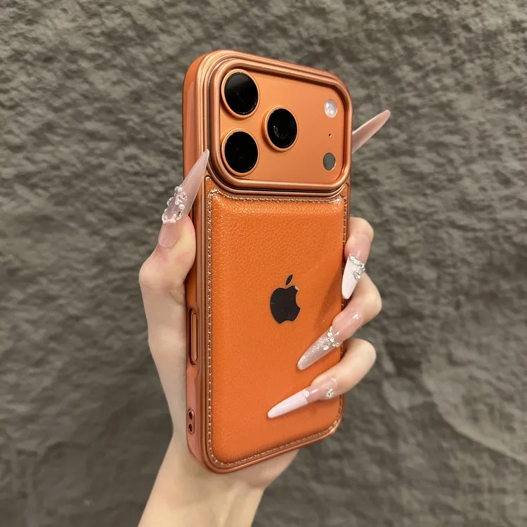 新款简约电镀纯色皮纹适用苹果17proMax手机壳iPhone16防摔15男女