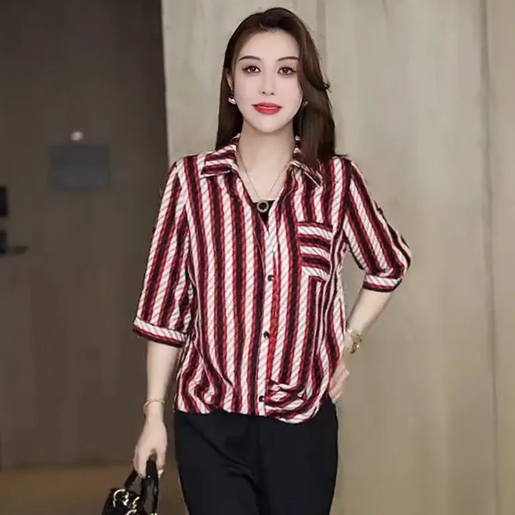 假两件短袖条纹衬衫女休闲拼接小衫夏季爆款减龄上衣百搭翻领衬衣