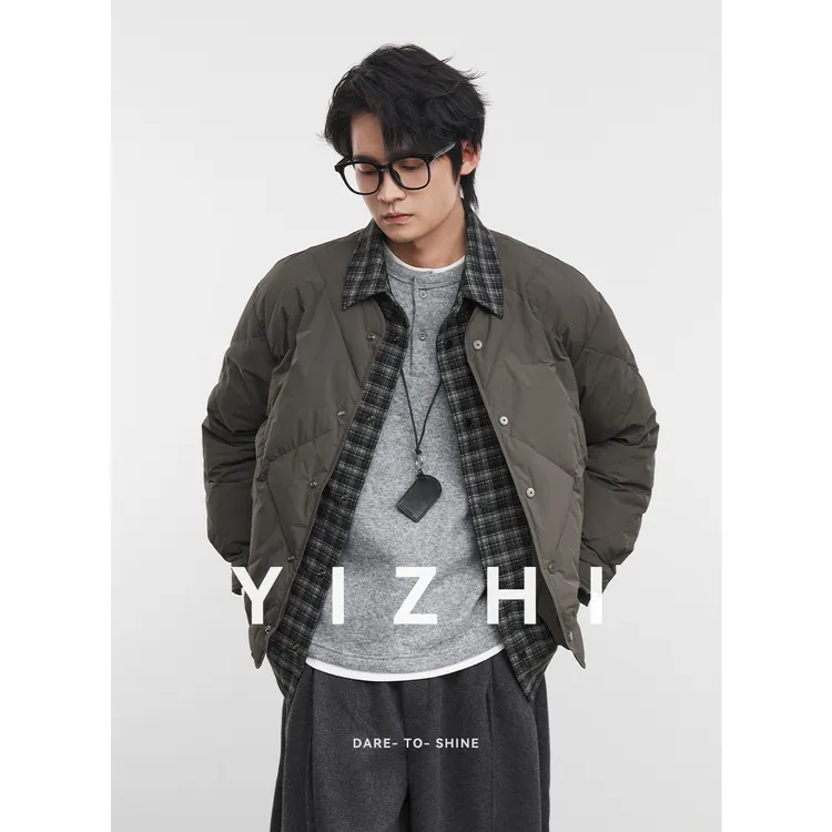 亦止『云织间』90白鸭绒假两件格子拼接翻领羽绒服冬季男保暖外套
