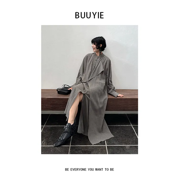 BUUYIE 25SS【青雾】新款时尚轻奢高级感长袖风衣外套 2507110