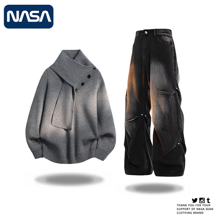 NASA美式休闲慵懒风毛巾领毛衣套装高街痞帅水洗牛仔裤两件套男潮