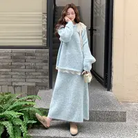 孕妇装蓝色毛衣套装秋冬季2025新款穿搭高级感显瘦高腰裙子两件套