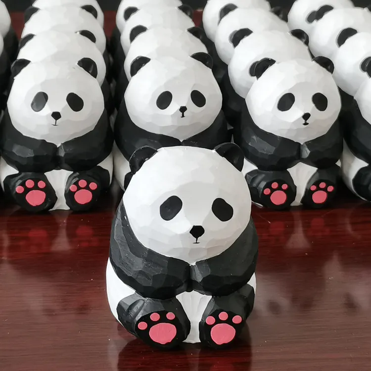 大熊猫纯手工实木雕刻木质工艺品创意家居物件客厅办公室桌面摆件