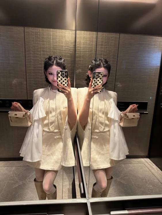 ChiclyNana法式优雅名媛高级感斗篷套装蝴蝶结披肩外套背心连衣裙