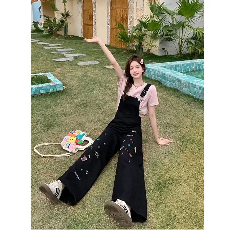 复古小狗刺绣牛仔背带裤女夏季新款显瘦设计感宽松黑色拖地长裤子