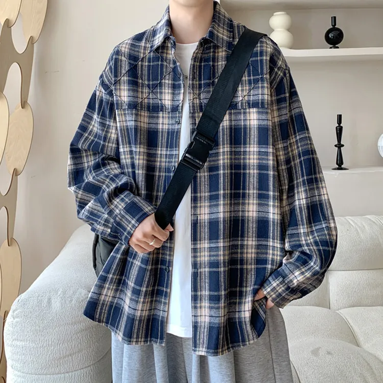 蓝色格子长袖衬衫男款春秋季少年感穿搭cityboy日系复古防晒衬衣