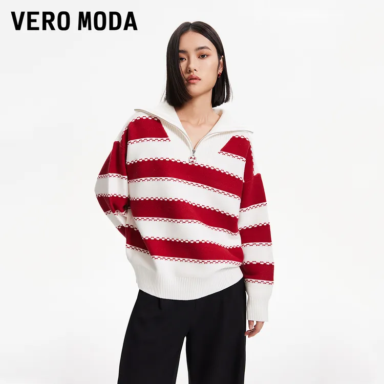 Vero Moda针织衫2025冬季新款休闲舒适条纹拉链宽松长袖显瘦高级