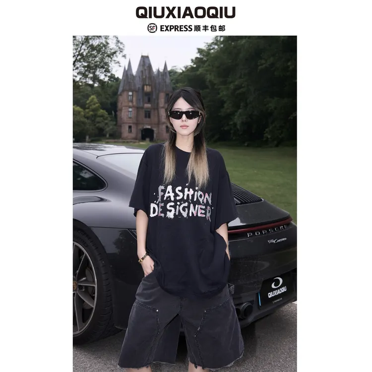 【Qiuxiaoqiu】巴黎水洗磨破手工闪粉印花宽松美式复古百搭短袖T恤