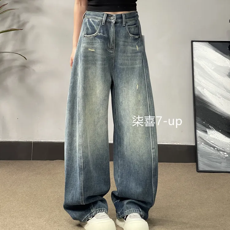 69210冬季加绒加厚宽松牛仔裤复古高街设计感宽松水洗慵懒风时尚.