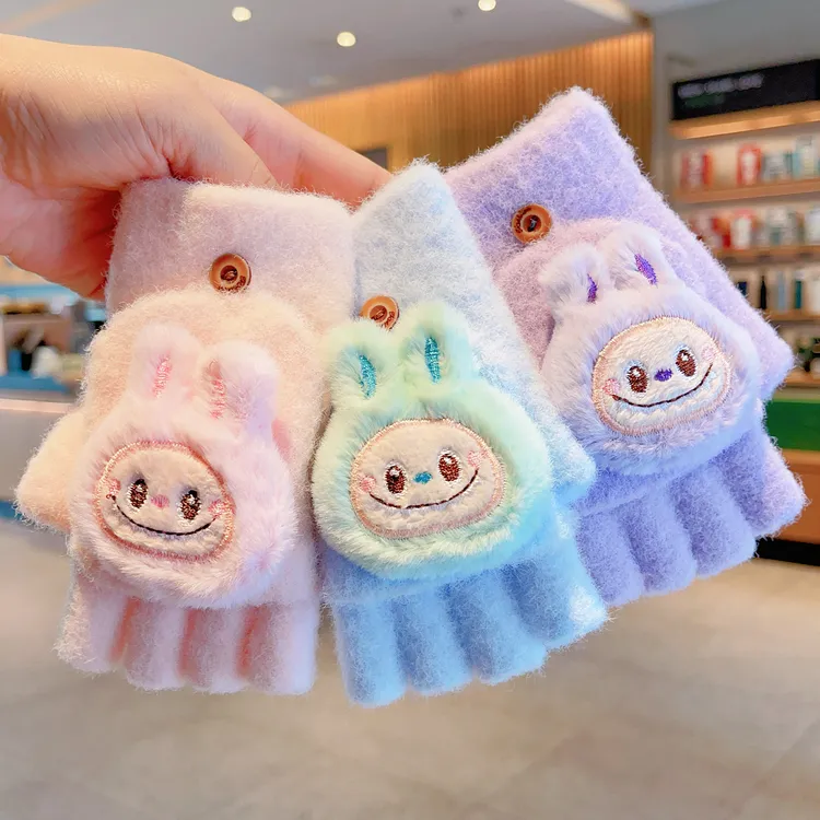 新款儿童卡通手套冬男女童翻盖五指保暖半指套小学生写字防寒专用