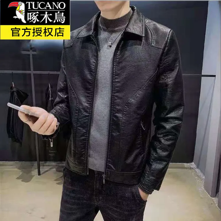 啄木鸟高档海宁男士皮衣潮牌修身上衣机车服痞帅皮夹克上衣短款外