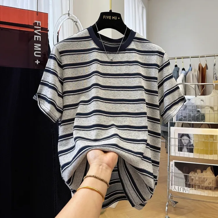 300斤特大码新款韩系条纹短袖T恤男女夏季半袖打底衫休闲单穿上衣