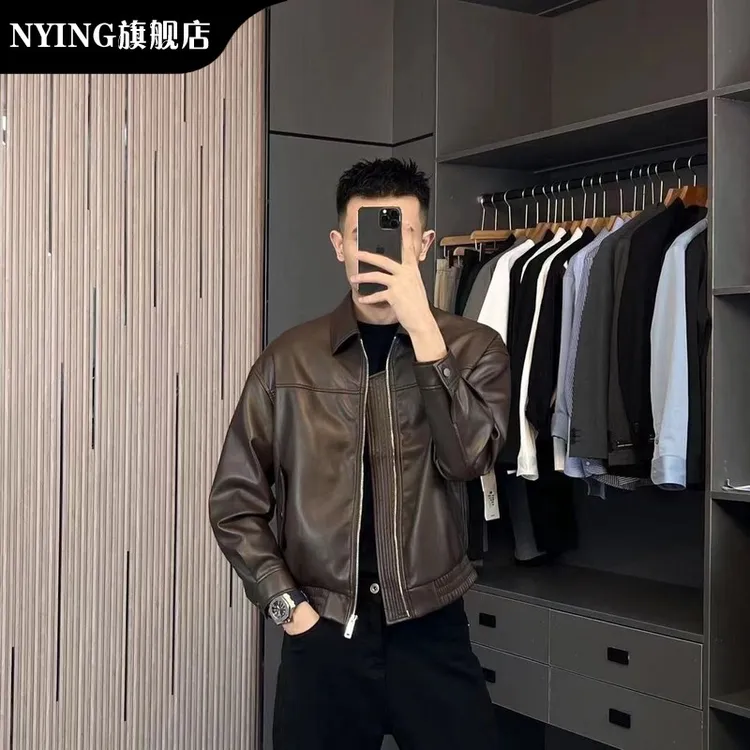 NYING轻熟风皮夹克男士秋季翻领机车服痞帅气外套休闲高品质潮牌