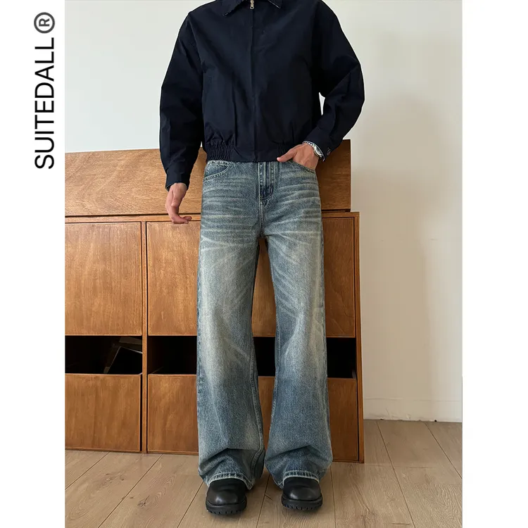 SUITEDALL复古蓝牛14oz宽松直筒A字立体猫须基础百搭休闲牛仔长裤