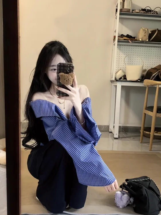 气质复古辣妹一字肩条纹拼接显瘦修身上衣学院风宽松休闲阔腿裤女