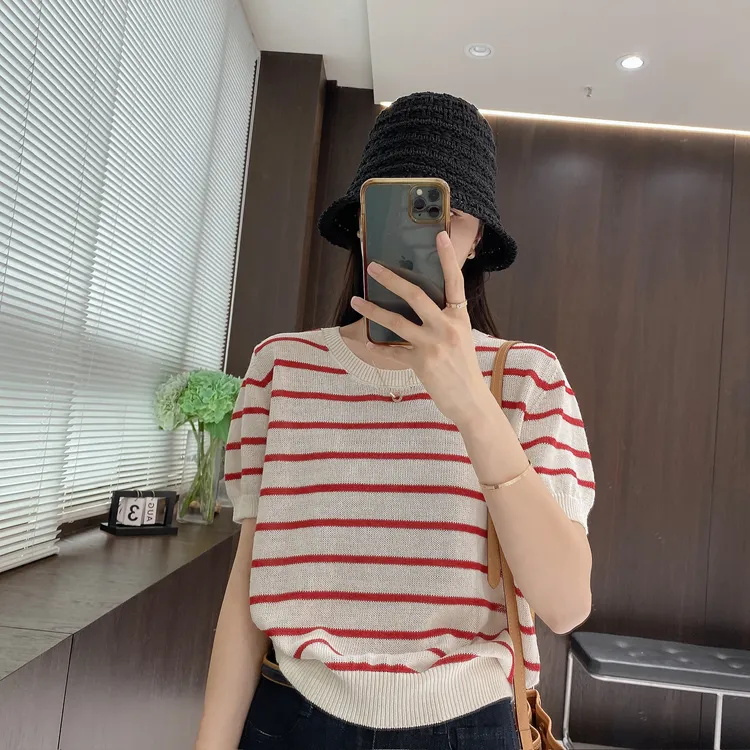 IMFLY金小金自制女装 针织衫DYW9153活力撞色圆领条纹针织短袖