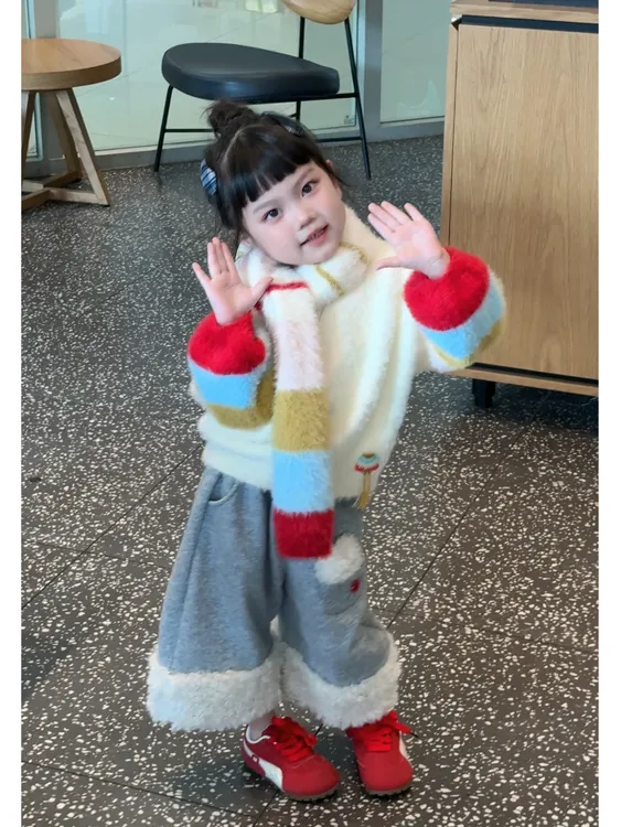韩国童装2025春季秋冬新款彩色针织毛衣女童加绒阔腿裤女宝宝洋气