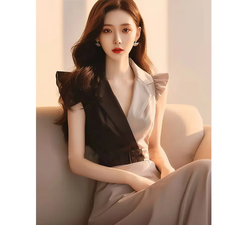 【当天发货】夏季上流社会高端精致女神范高级感拼色无袖连衣裙子