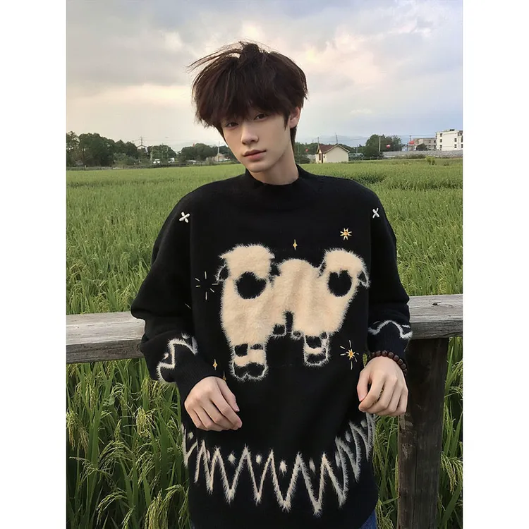 毛绒小羊黑色费尔岛毛衣男款冬季保暖内搭针织衫慵懒高级感毛线衣