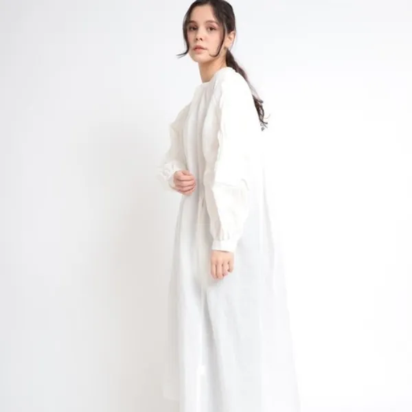 日单外贸原单棉麻纯色文艺复古长袖中长款白色连衣裙长裙宽松休闲