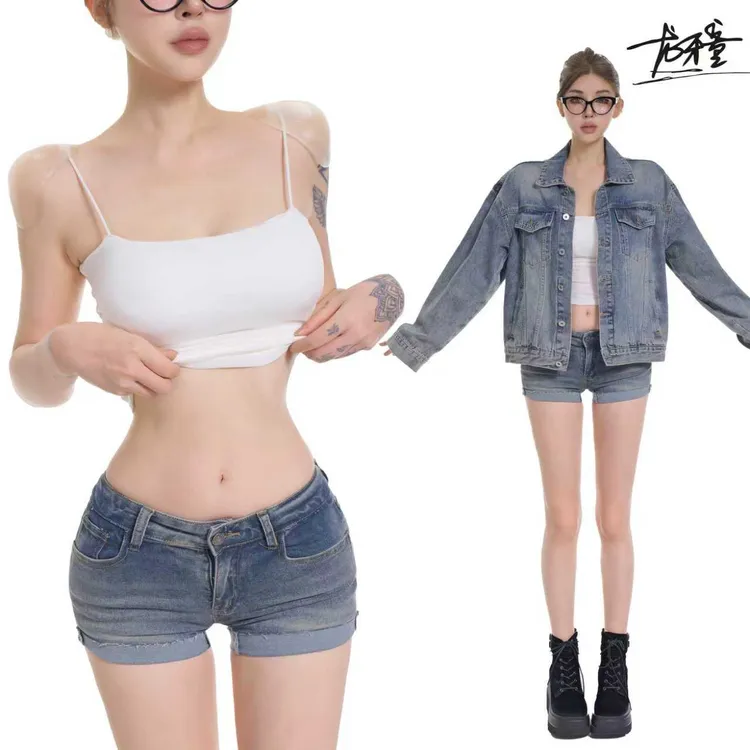 龙牙童推荐【港式牛仔（加胯）】欧美显瘦辣妹紧身短裤百搭复古修身