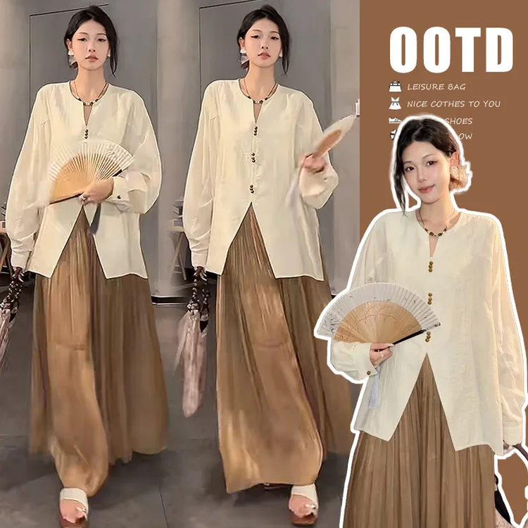 原版现货 时尚新中式长袖上衣＋鹿皮绒马甲＋压褶裤子三件套套装