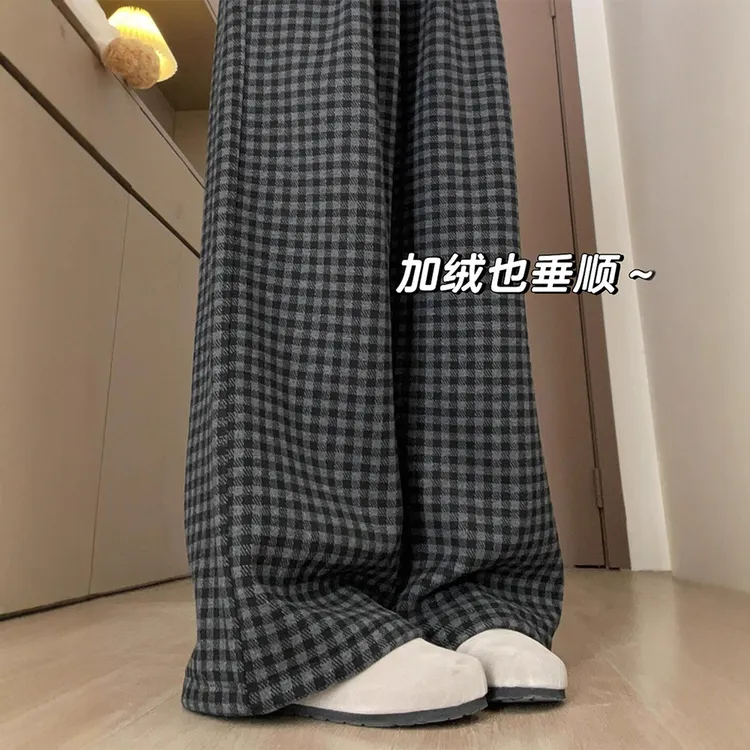 胖mm大码200斤毛呢格子阔腿裤女秋冬加绒显瘦宽松垂感高腰直筒裤