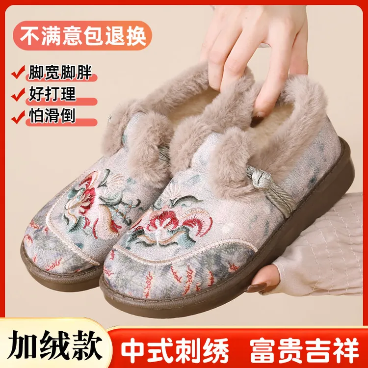 2025新款棉鞋加绒加厚保暖妈妈鞋软底一脚蹬舒适防滑厚底绣花鞋