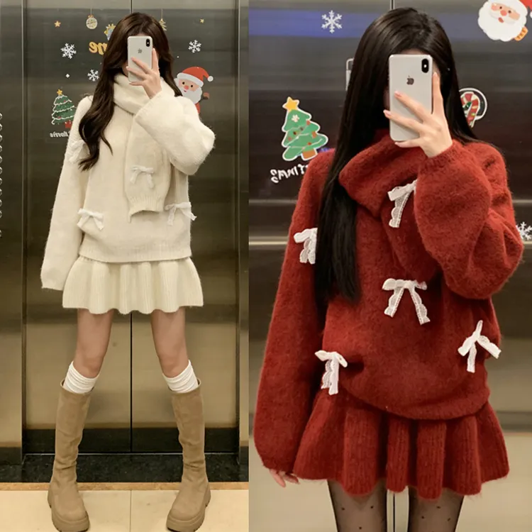 孕妇装秋冬装韩系毛衣半身裙三件套法式千金风洋气孕期围巾套装女