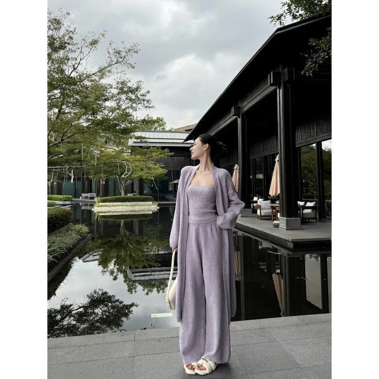 2025年秋季新款气质慵懒小香风毛衣开衫外套针织阔腿裤三件套装