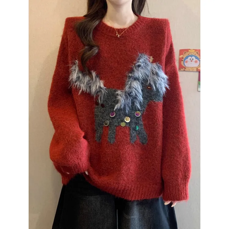 2025新款爆款毛衫小马刺绣亮片红色毛衣秋冬大码女装胖mm针织上衣