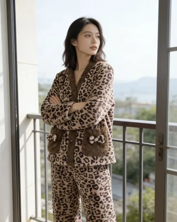 豹纹睡衣冬季保暖加绒松紧家居服套装加厚宽松时尚休闲保暖舒适