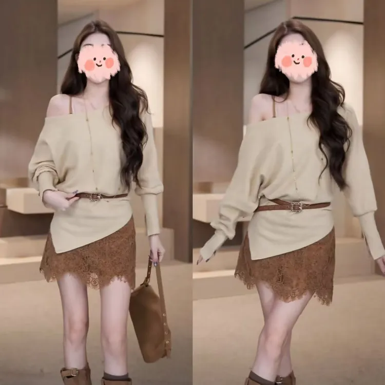 早秋温柔针织斜肩宽松显瘦上衣时尚收腰吊带蕾丝修身连衣裙两件套