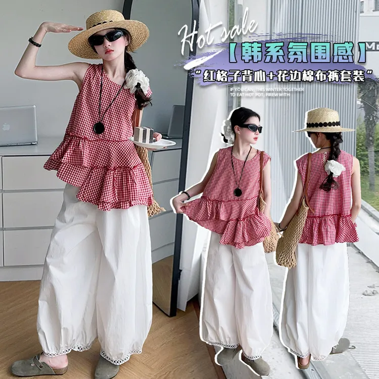 女童2025不规则荷叶边格子背心上衣夏季白色阔腿休闲裤甜美风套装