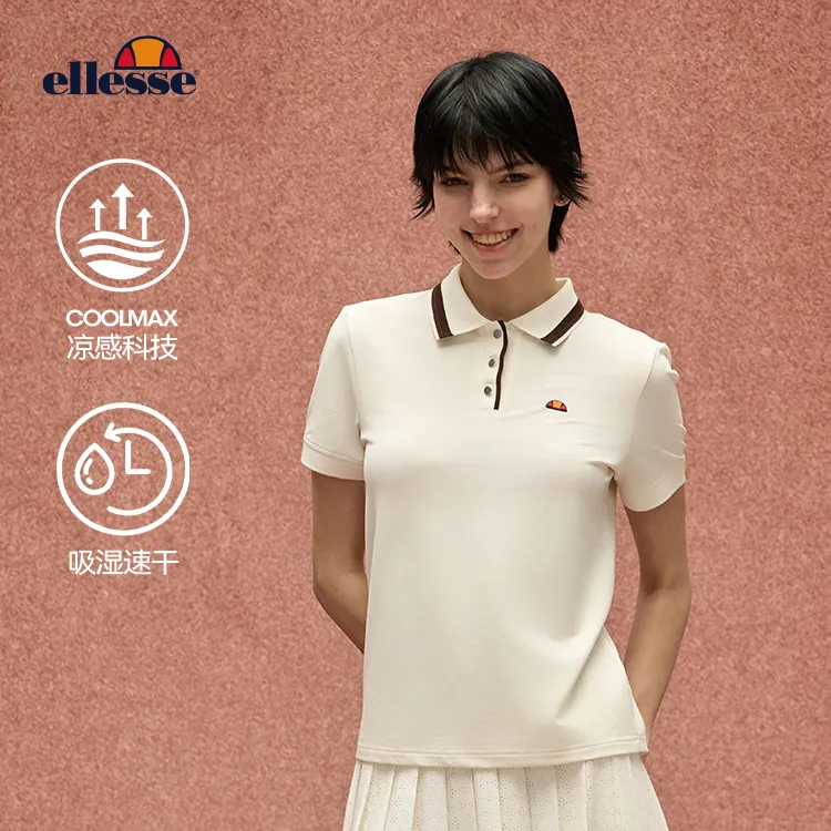 Ellesse 25夏秋新品网球运动polo领修身短袖T恤女士吸湿速干