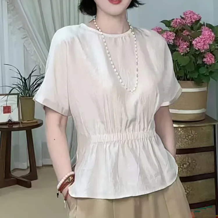 法式洋气褶皱收腰衬衫女夏季新款减龄时尚遮肉显瘦百搭套头上衣潮