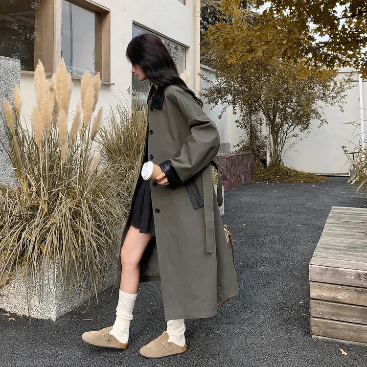韩系慵懒撞色设计感风衣外套女2025秋季新款复古宽松长款过膝大衣