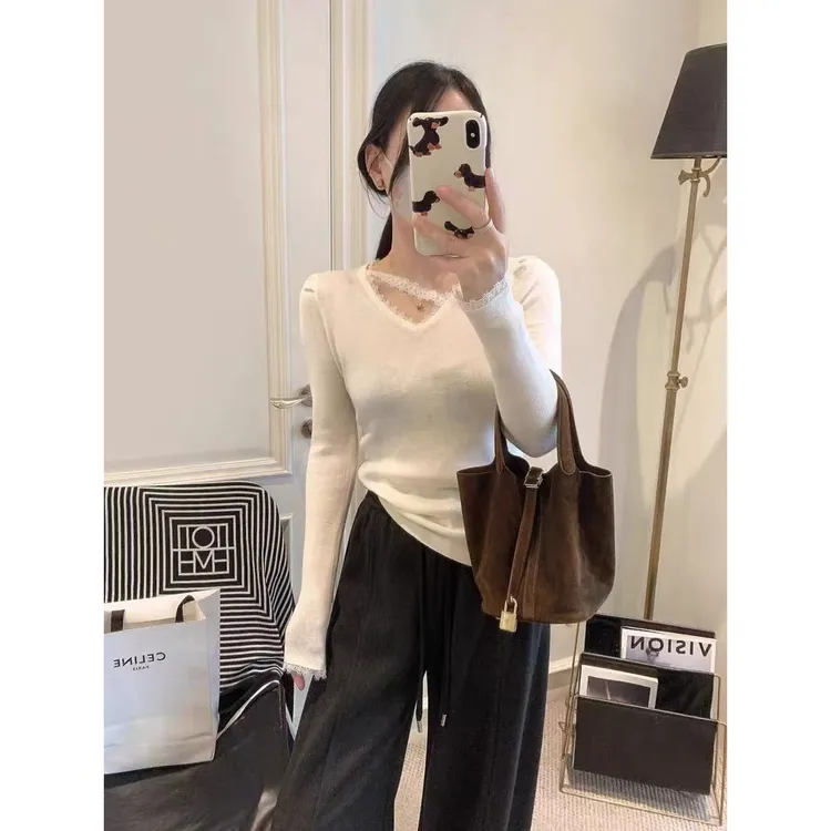 SHYU秋冬新款韩系V领蕾丝拼接针织衫女修身显瘦百搭上衣5516