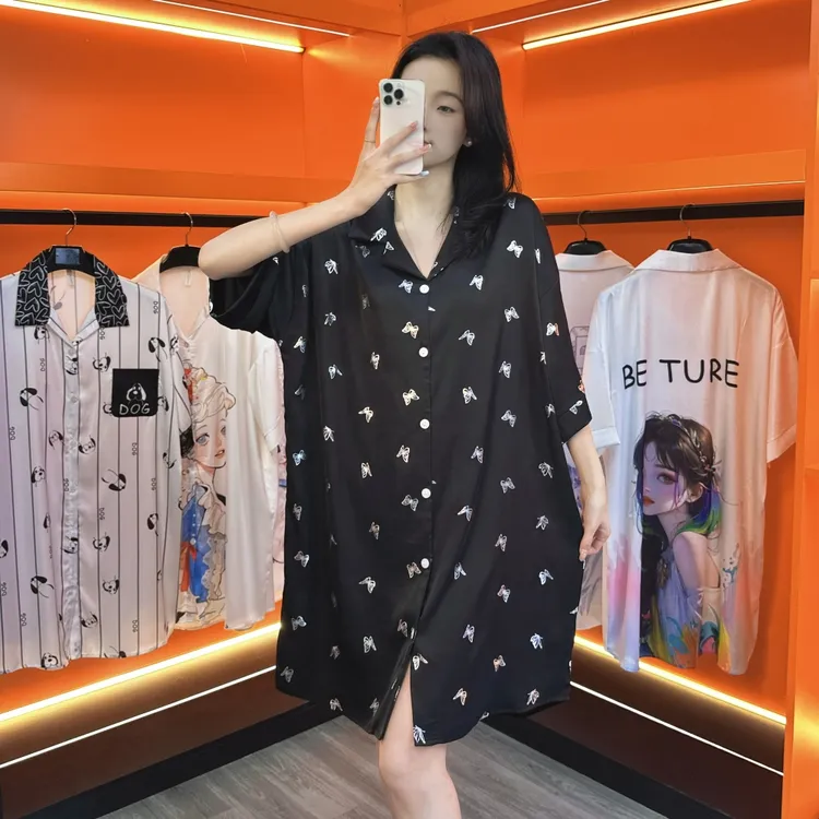 性感睡裙女士轻奢冰雪丝中长裙夏季薄款宽松大码简约衬衫领可外穿