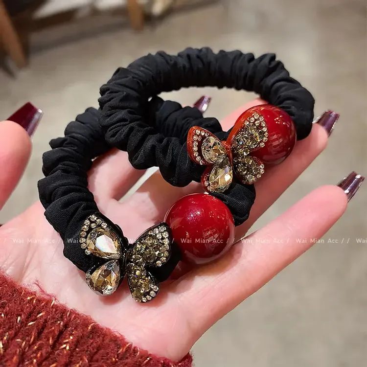 轻奢本命年红色蝴蝶珍珠小肠发圈头绳女网红百搭高级感扎头发皮筋