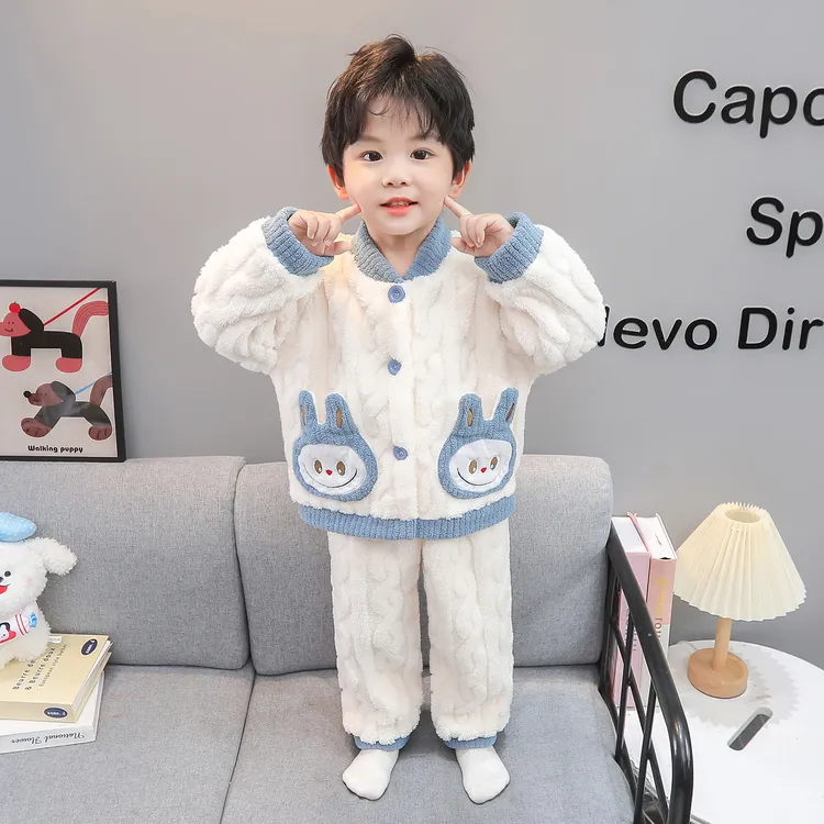 男童秋冬装睡衣法兰绒儿童加厚开衫家居服套装宝宝加绒保暖两件套