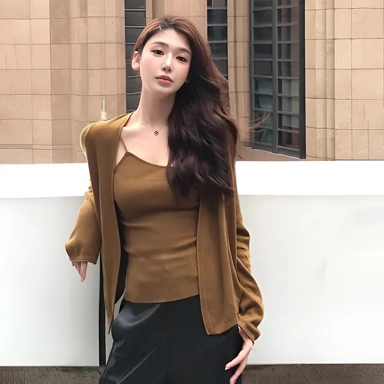 设计感长袖针织开衫外套叠穿背心女2025新款早秋休闲简约百搭上衣